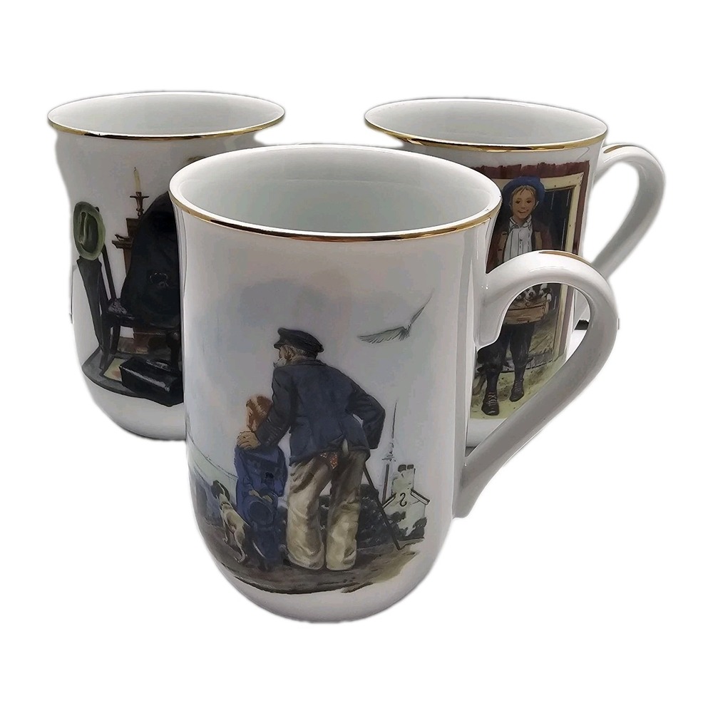 Vtg 1986 Set Of 3 Norman Rockwell Museum Gold Rim Cup Mug EUC